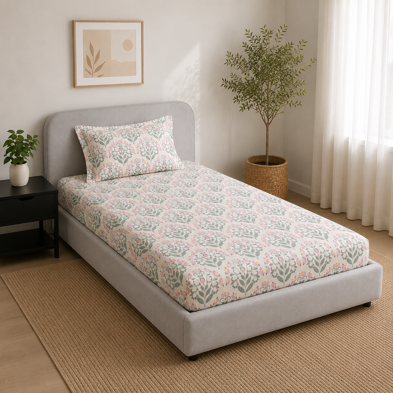 Percale Cotton Fitted Sheet Set Block-Print Buta Pattern