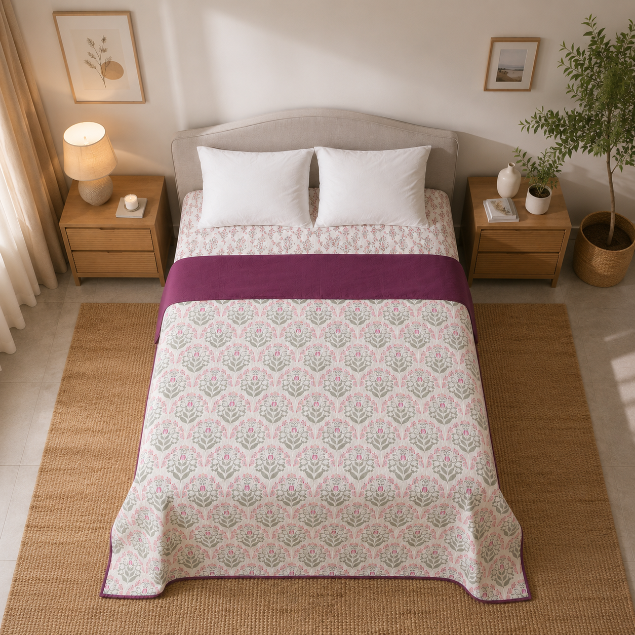 Percale Cotton Reversible Dohar floral buta (booti) pattern with a block-print-inspired aesthetic in Pink