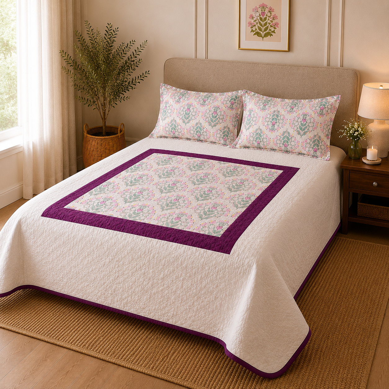 Percale Cotton 3PC Quilted Bedspread floral buta (booti) pattern Concentric Square with a block-print-inspired aesthetic in Pink