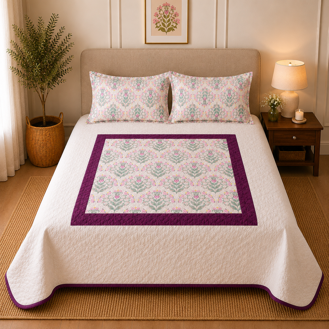 Percale Cotton 3PC Quilted Bedspread floral buta (booti) pattern Concentric Square with a block-print-inspired aesthetic in Pink