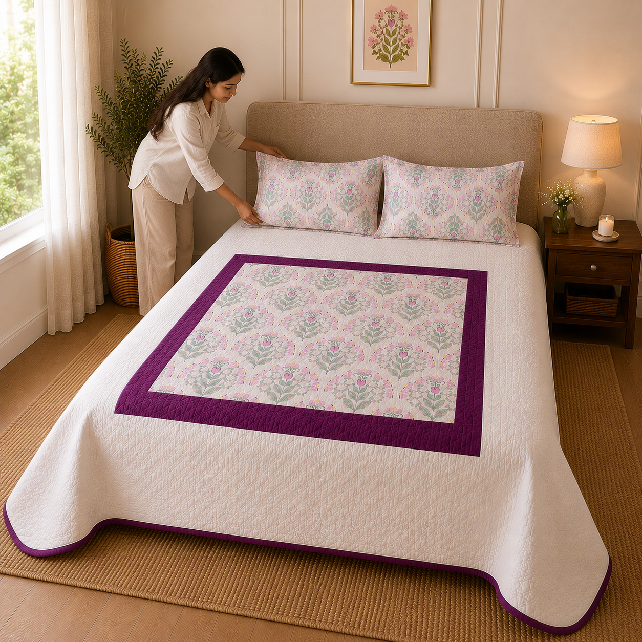 Percale Cotton 3PC Quilted Bedspread floral buta (booti) pattern Concentric Square with a block-print-inspired aesthetic in Pink