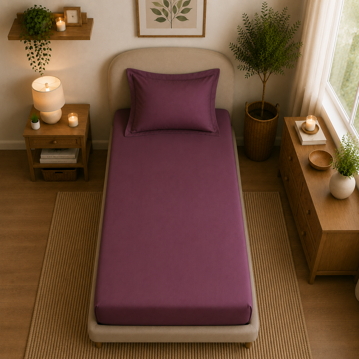 Percale Cotton Fitted Sheet Set Damson Berry