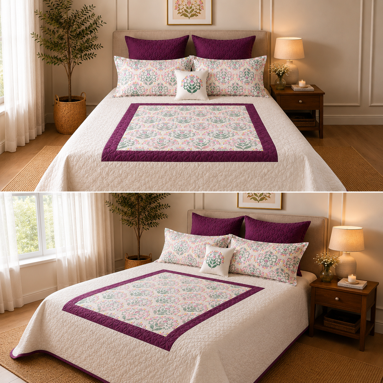 Percale Cotton 7PC Quilted Bedspread floral buta (booti) pattern Concentric Square with a block-print-inspired aesthetic in Pink