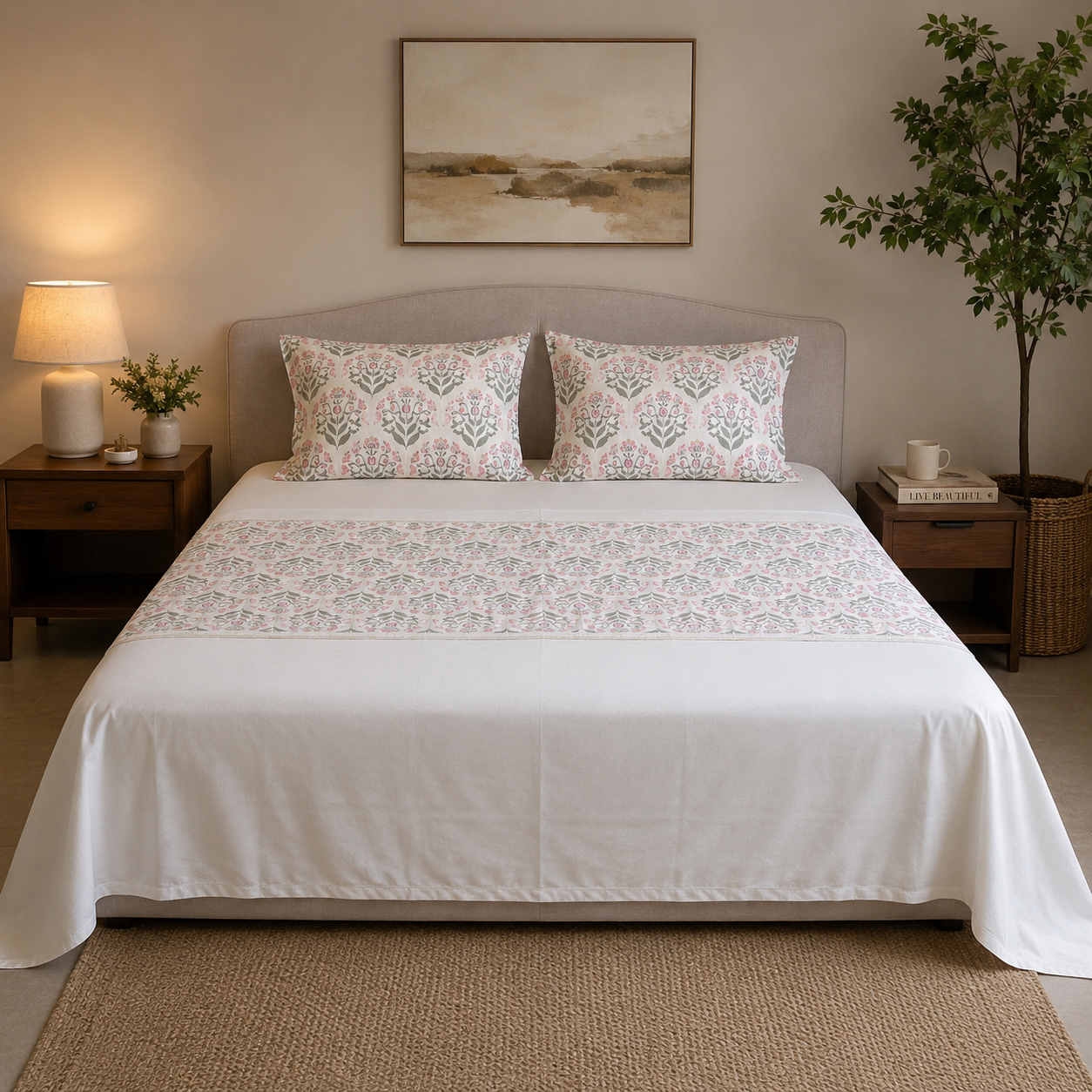 Percale Cotton Bedsheet Set Block-Print Buta Pattern Horizontally Centered