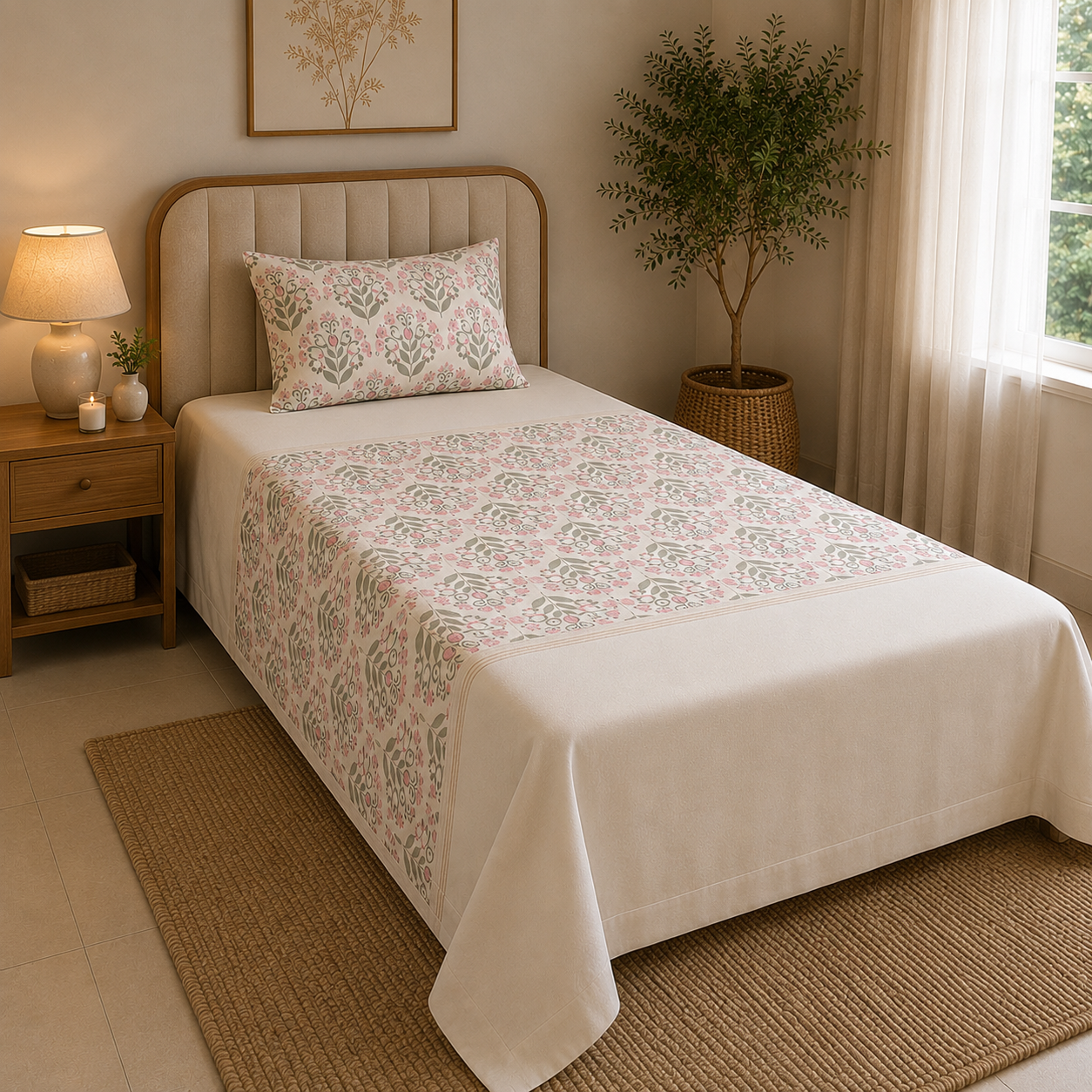 Percale Cotton Bedsheet Set Block-Print Buta Pattern Horizontally Centered