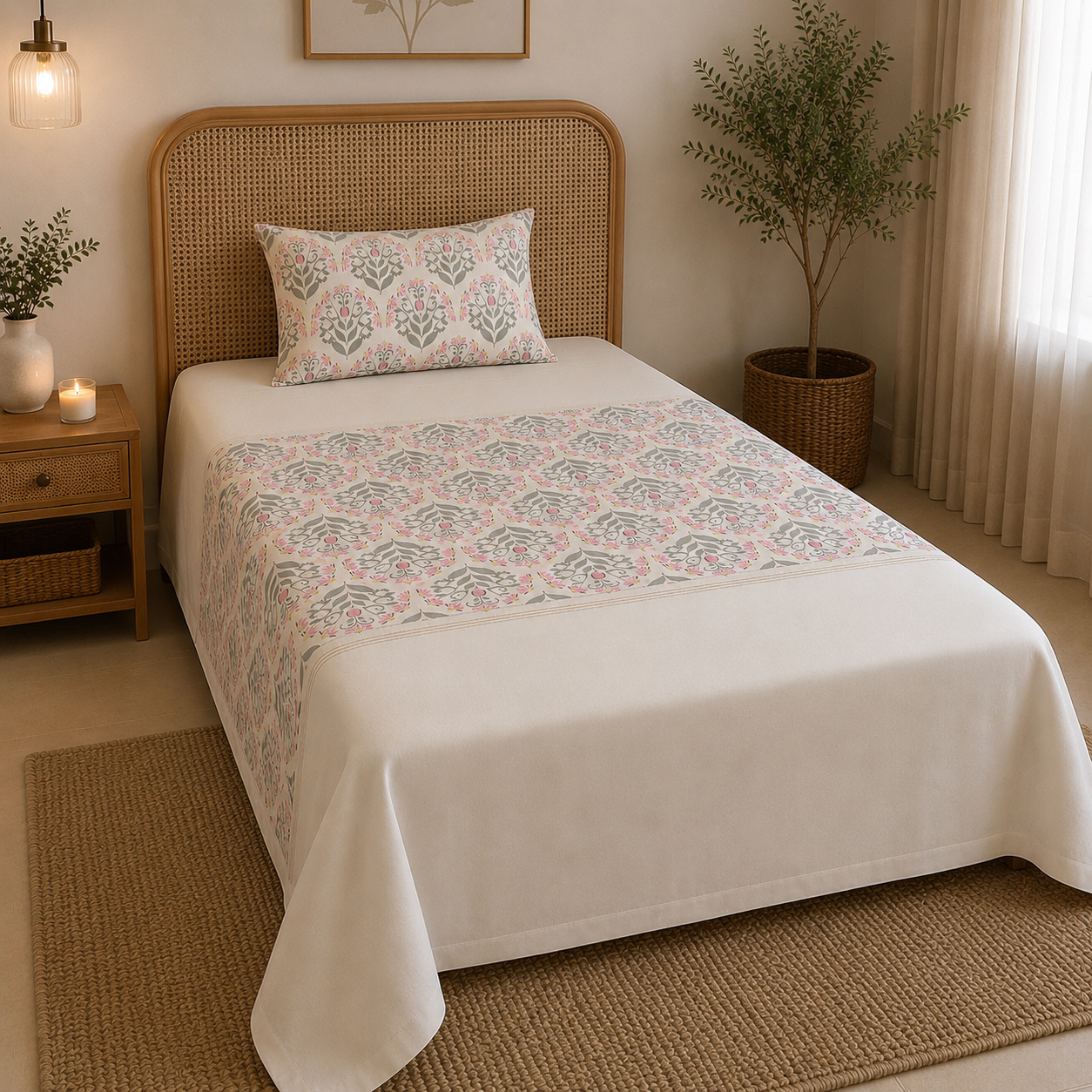 Percale Cotton Bedsheet Set Block-Print Buta Pattern Horizontally Centered