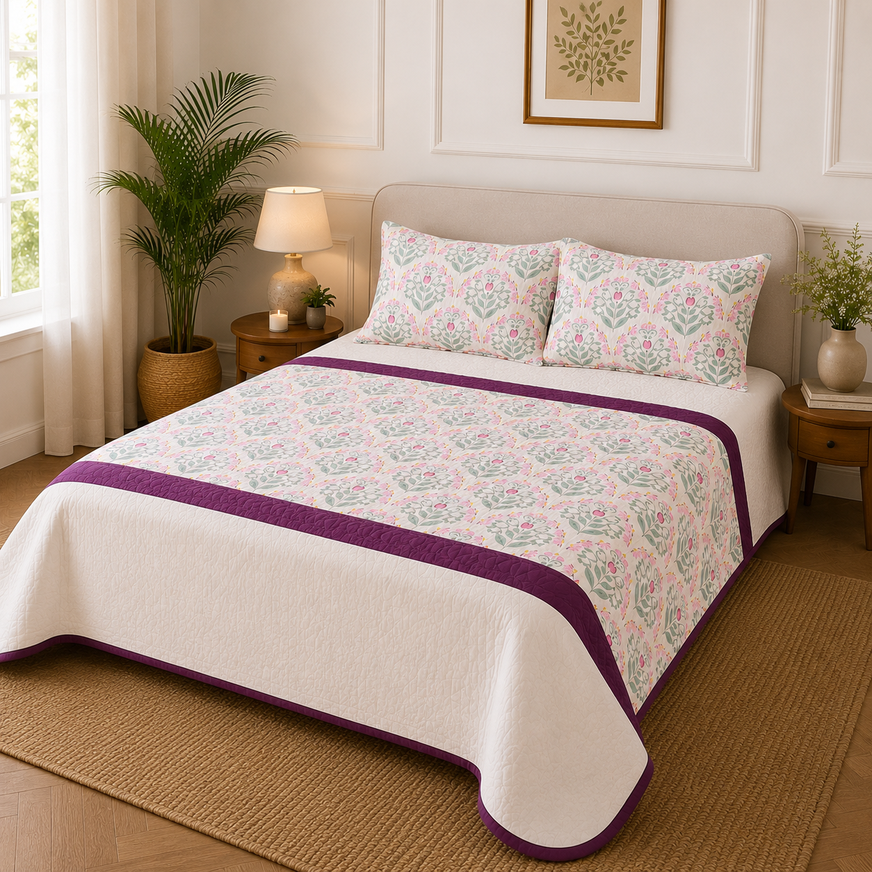 Percale Cotton 3PC Quilted Bedspread floral buta (booti) pattern Horizontally Centered with a block-print-inspired aesthetic in Pink