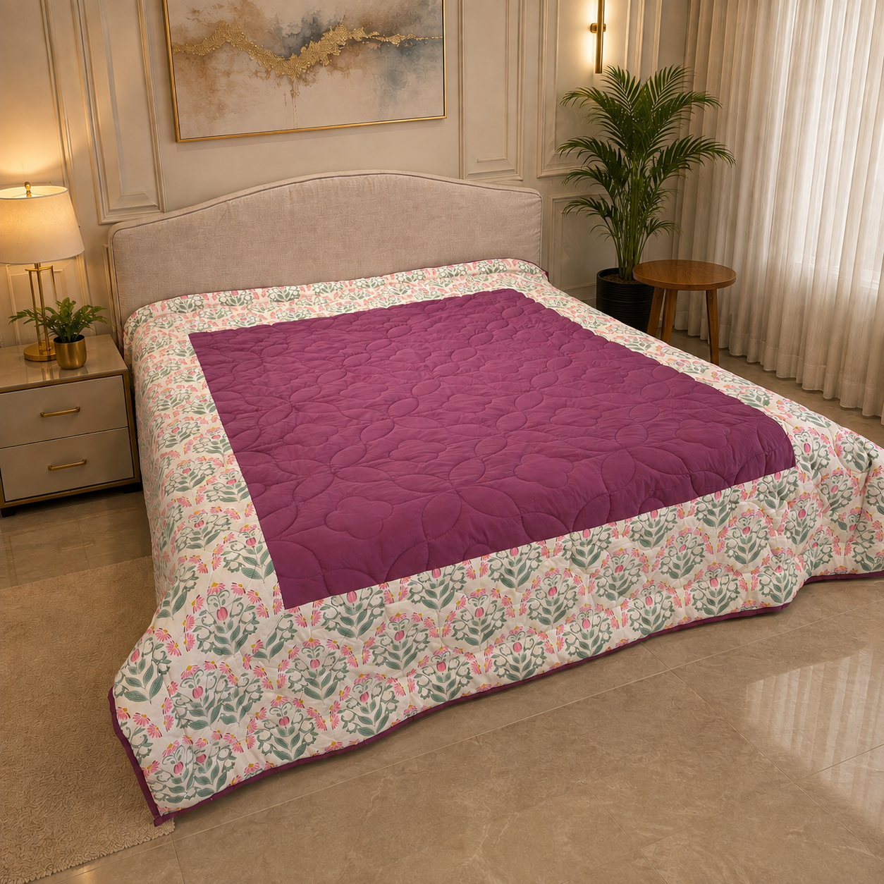 Percale Cotton Reversible AC Blanket floral buta (booti) pattern with a block-print-inspired aesthetic in Pink