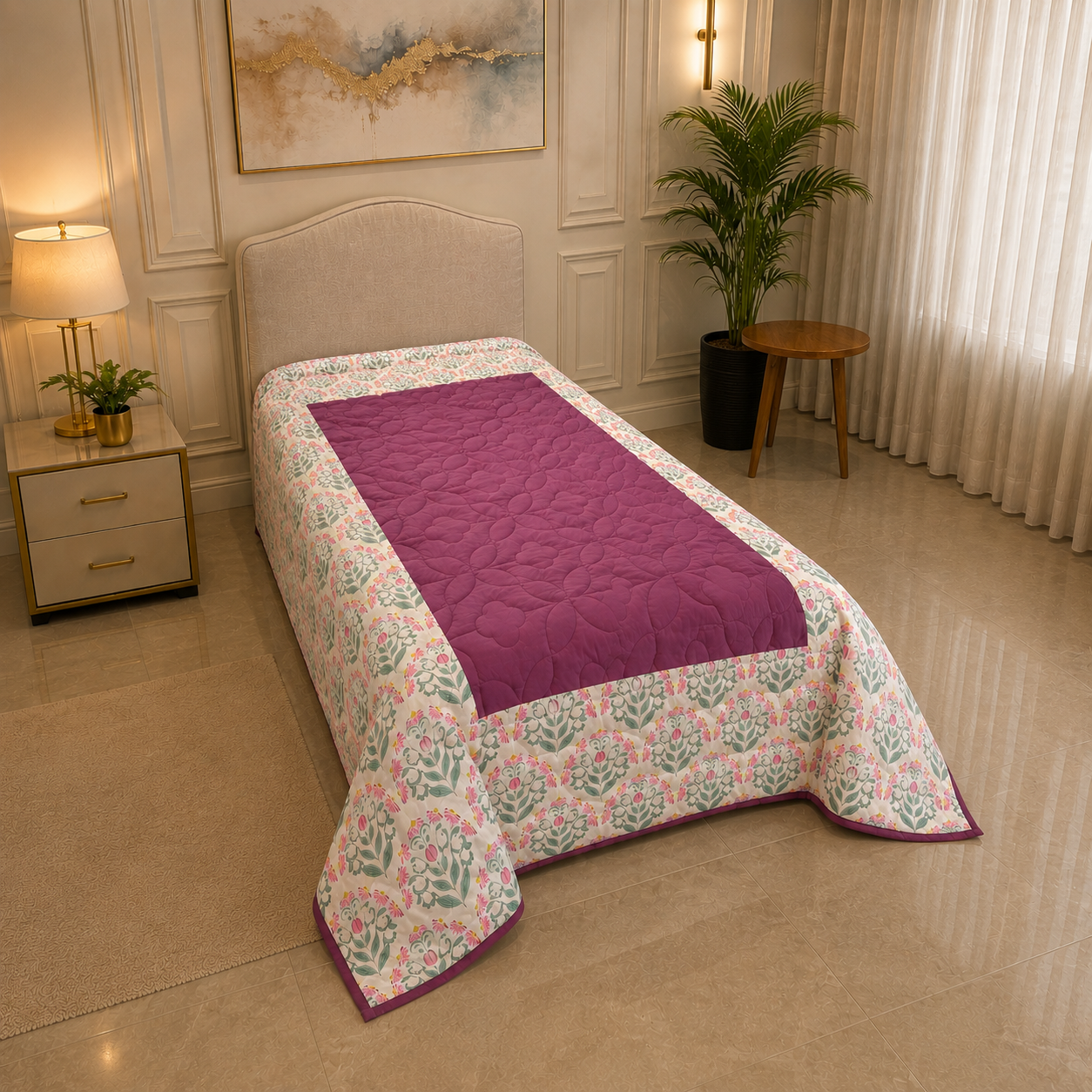 Percale Cotton Reversible AC Blanket floral buta (booti) pattern with a block-print-inspired aesthetic in Pink