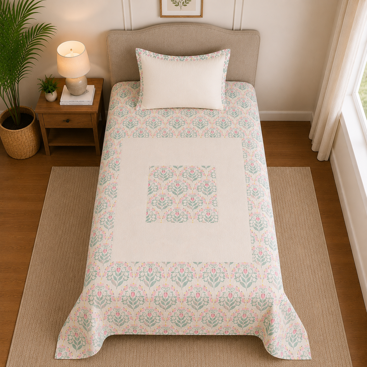Percale Cotton Bedsheet Set Block-Print Buta Pattern Concentric Square