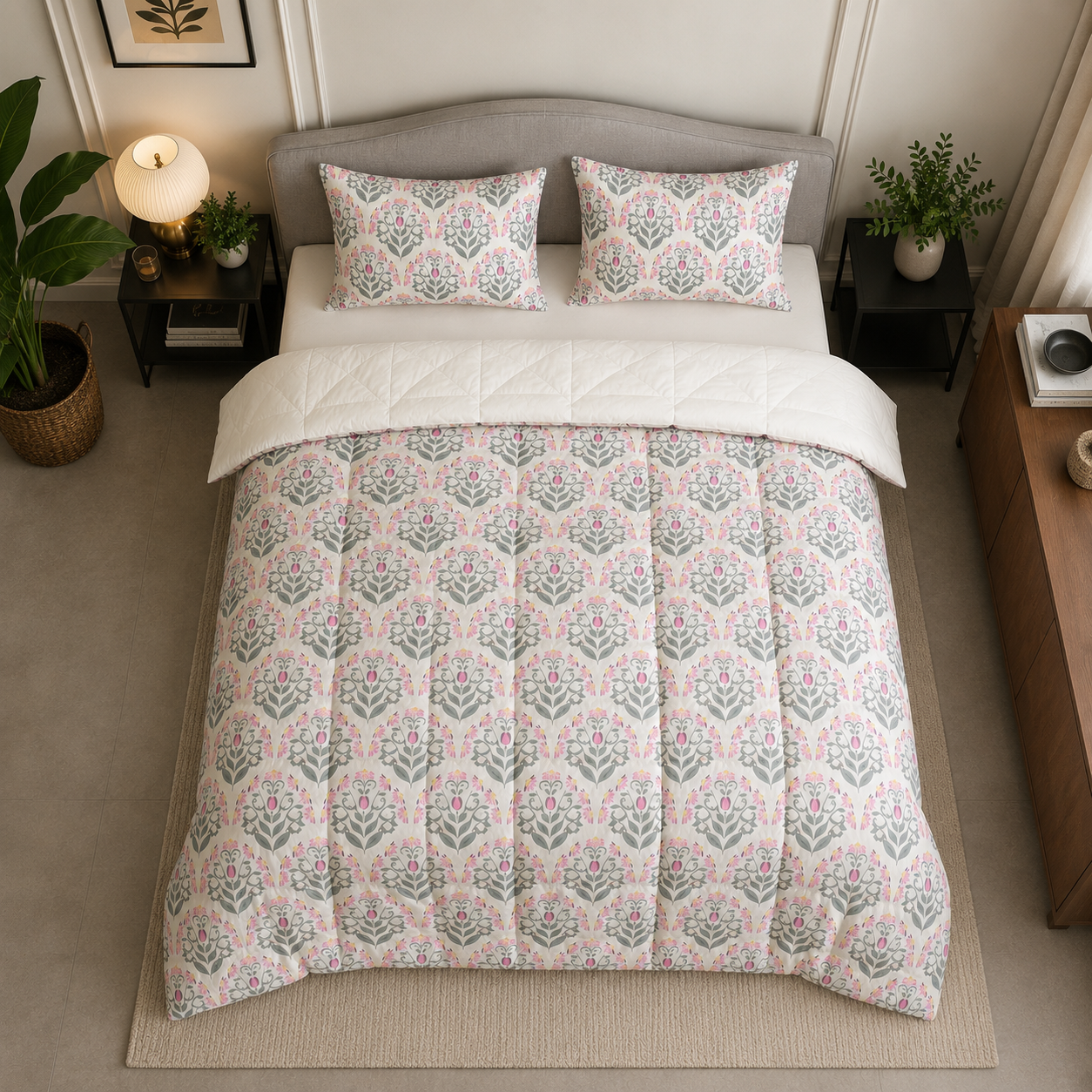 Percale Cotton Reversible Comforter (Winter Blanket) floral buta (booti) pattern with a block-print-inspired aesthetic in Pink