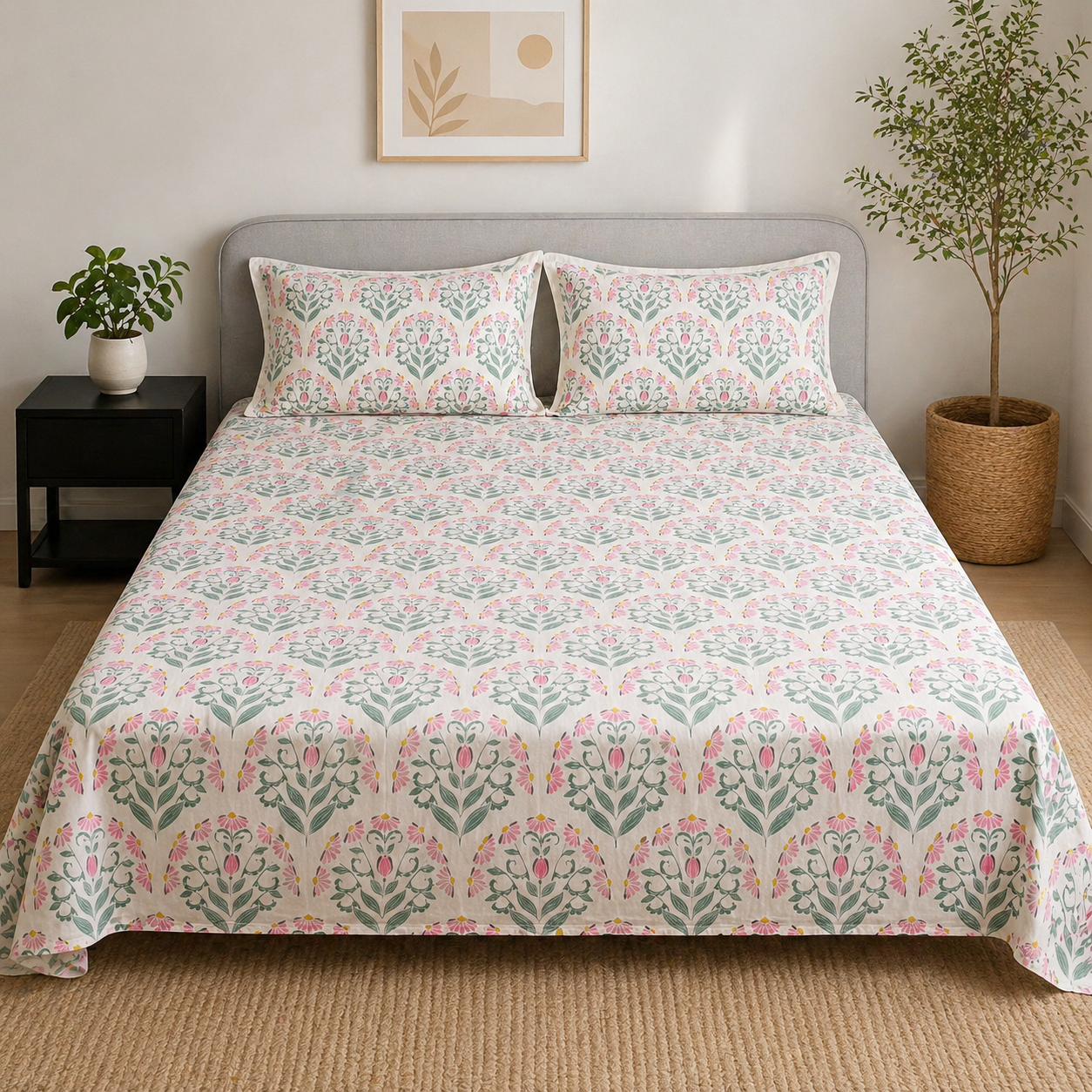 Percale Cotton Bedsheet Set Block-Print Buta Pattern