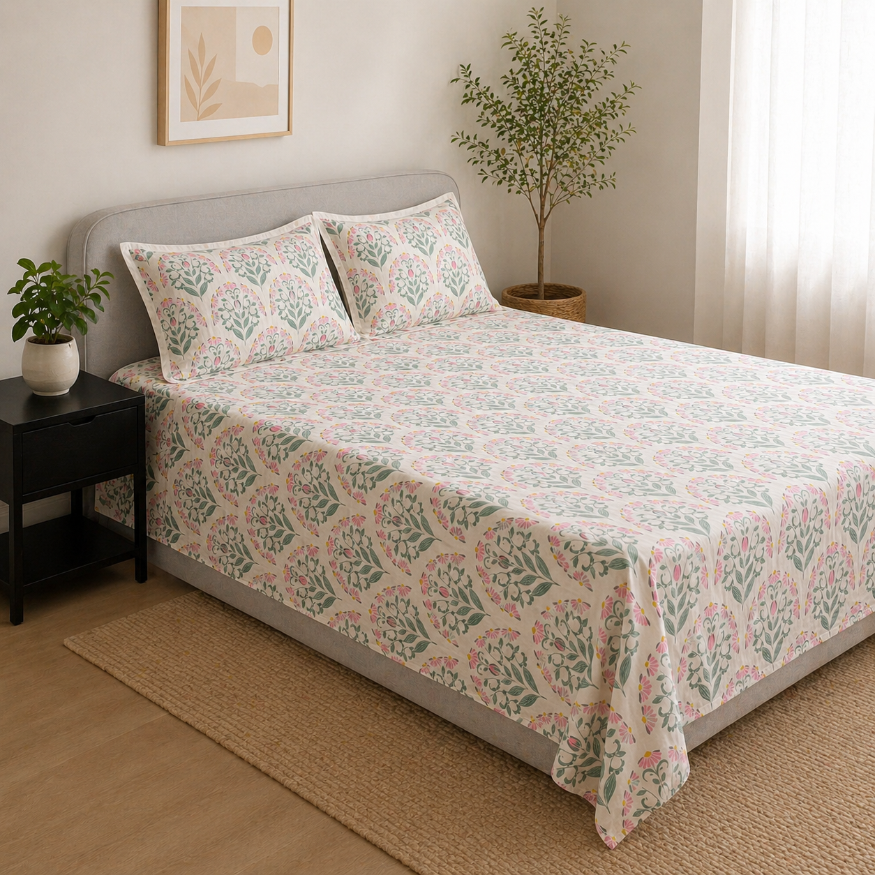 Percale Cotton Bedsheet Set Block-Print Buta Pattern