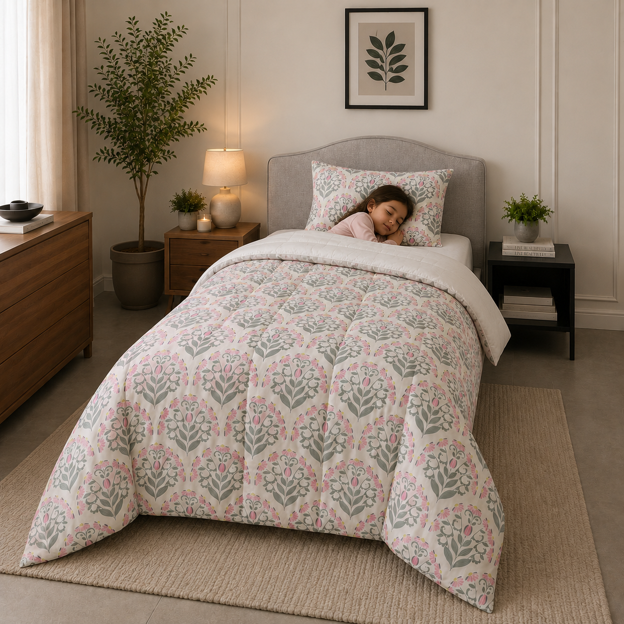 Percale Cotton Reversible Comforter (Winter Blanket) floral buta (booti) pattern with a block-print-inspired aesthetic in Pink