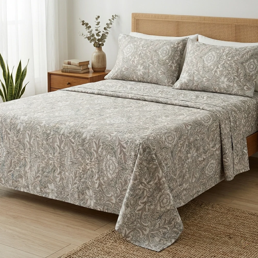 Percale Cotton Printed Bedsheet Set in Damask Brown