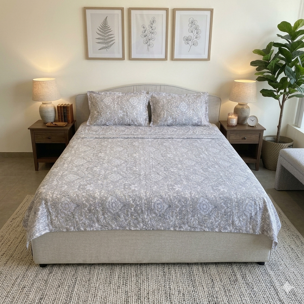 Percale Cotton Printed Bedsheet Set in Damask Brown