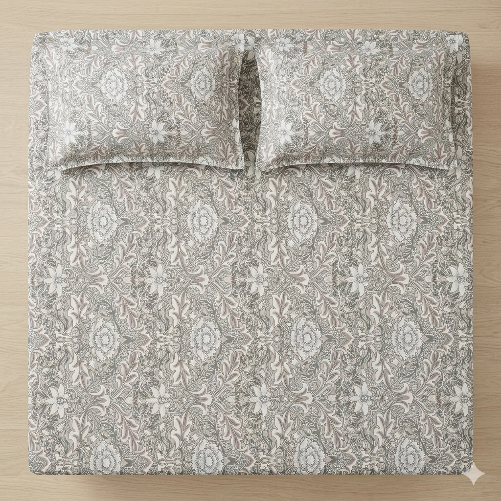 Percale Cotton Printed Bedsheet Set in Damask Brown