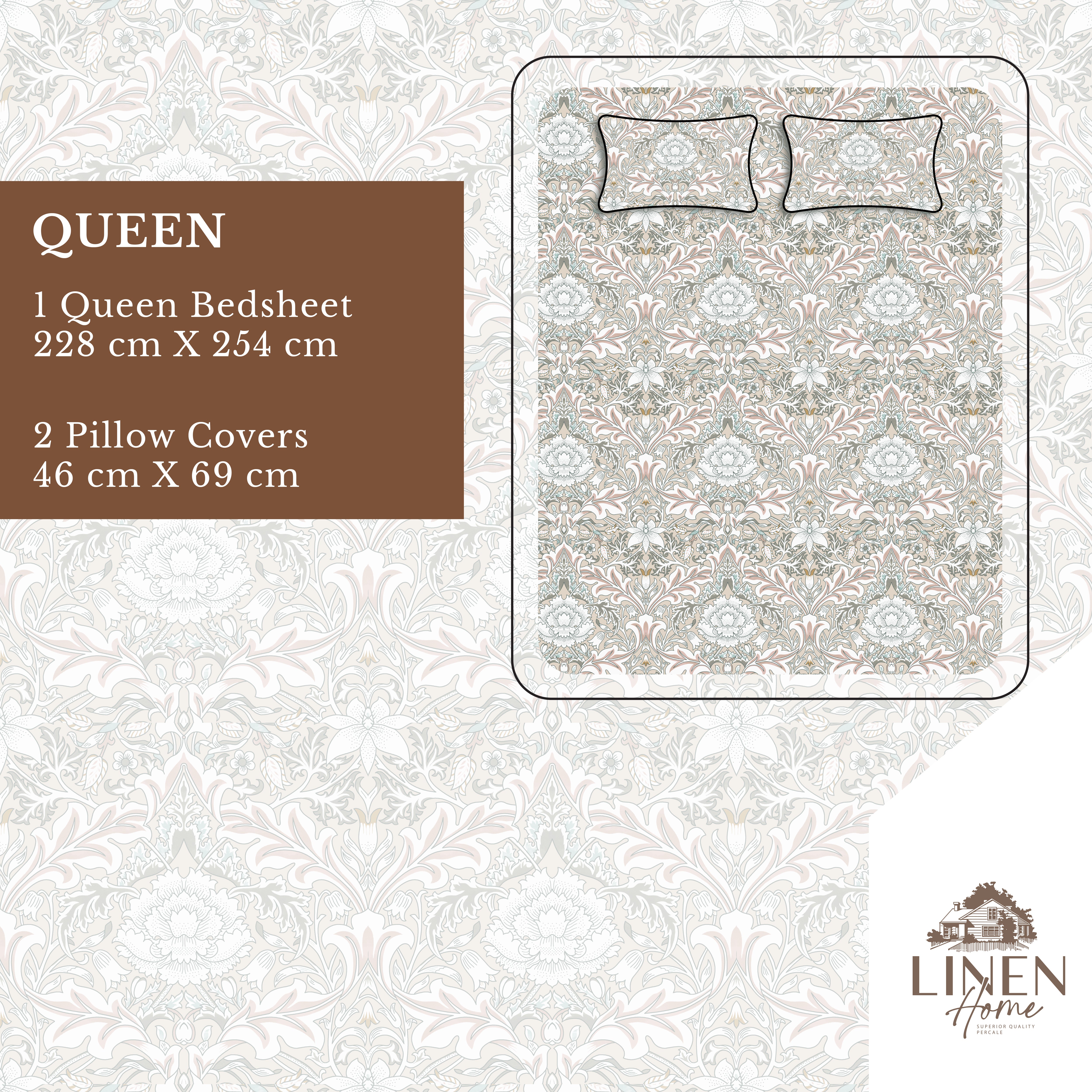 Percale Cotton Printed Bedsheet Set in Damask Brown