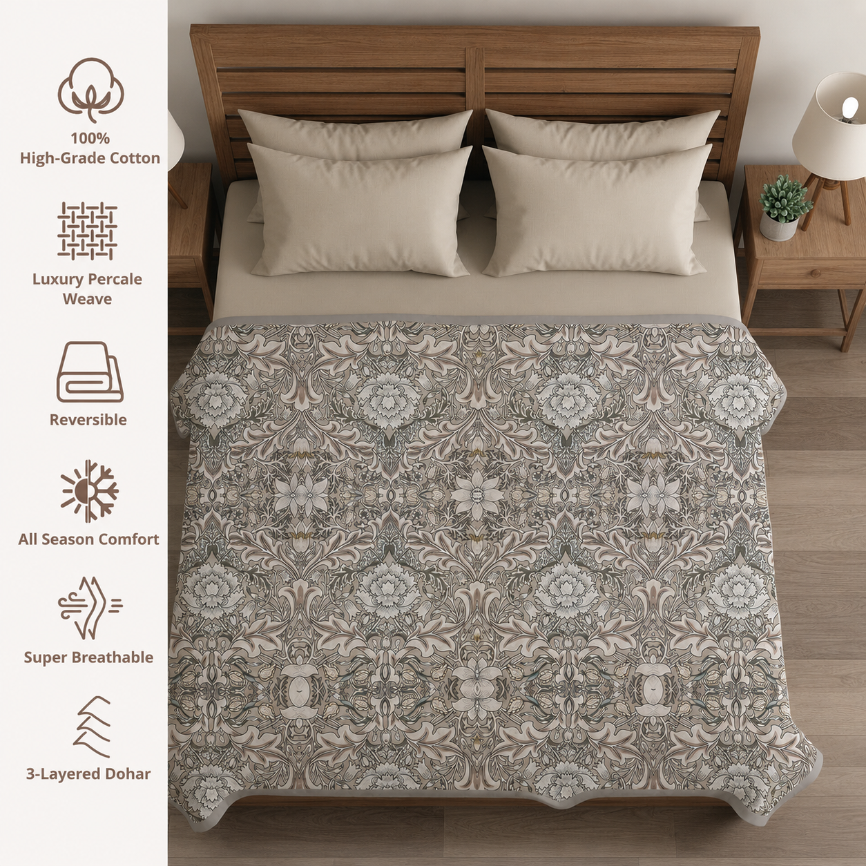 Percale Cotton Reversible Dohar Isla Damask Brown & Silver
