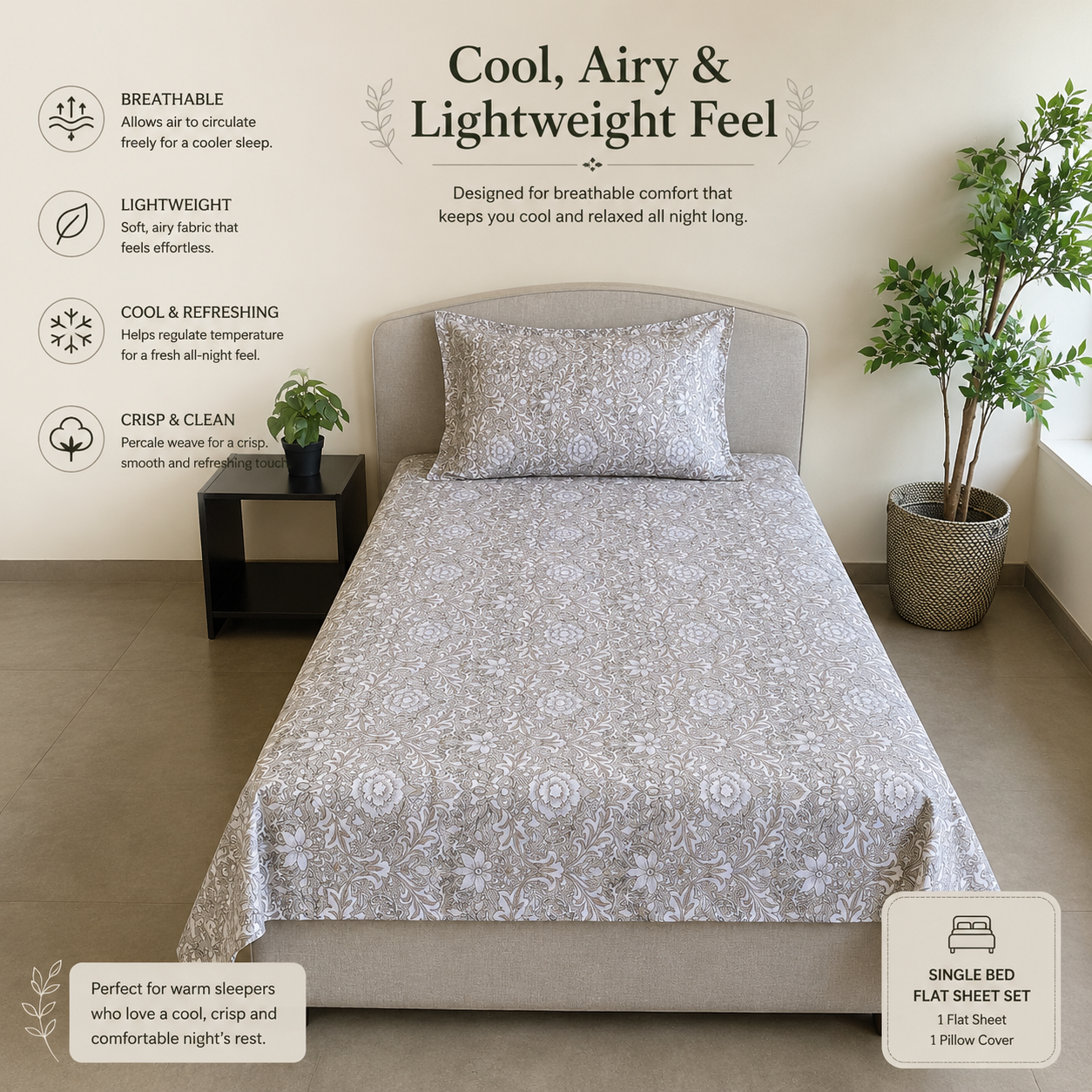 Percale Cotton Printed Bedsheet Set in Damask Brown