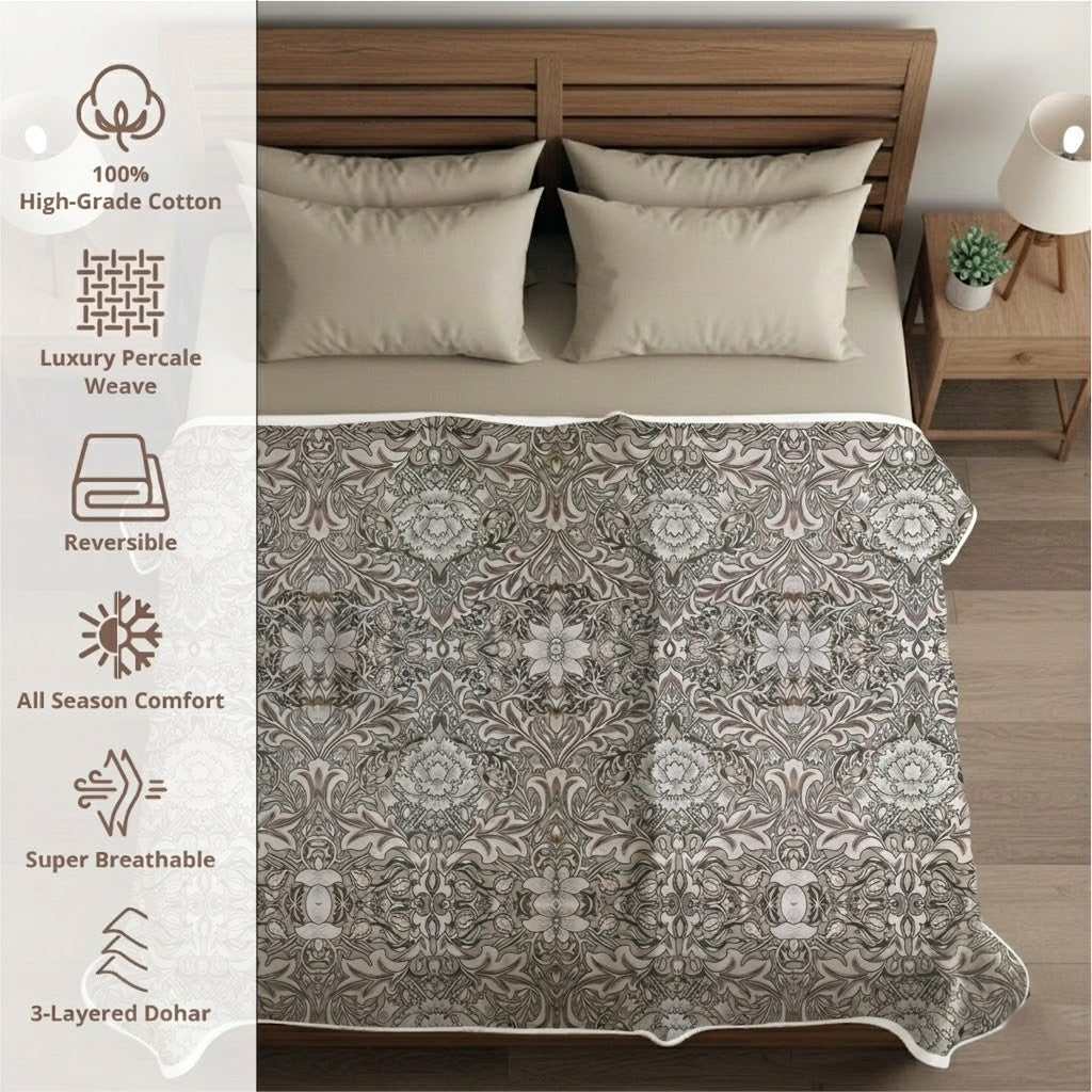 Percale Cotton Reversible Dohar Isla Damask Brown & White