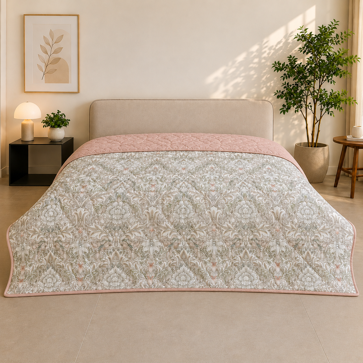 Percale Cotton Reversible AC Blanket Isla Damask Pink & Brushed Rose