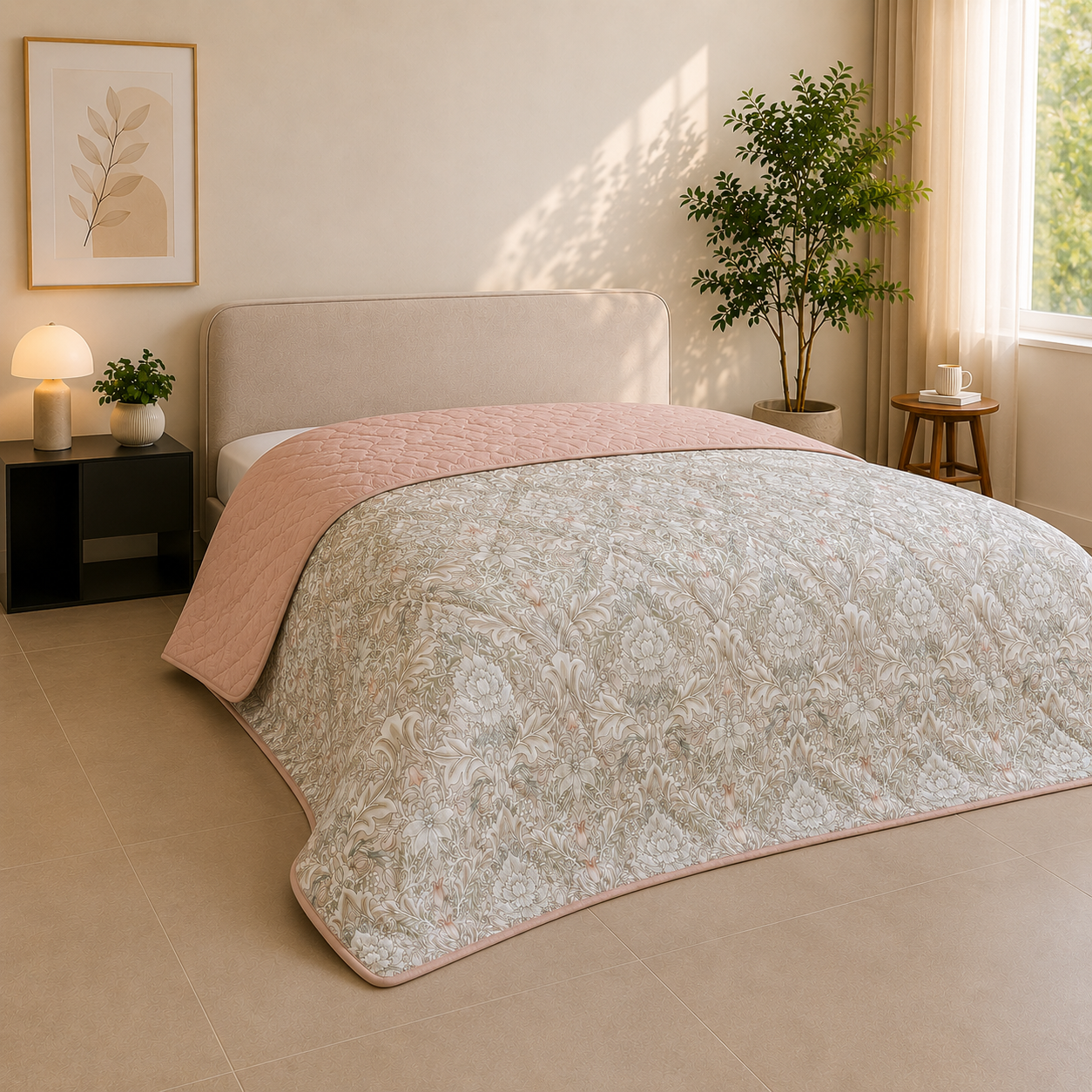 Percale Cotton Reversible AC Blanket Isla Damask Pink & Brushed Rose