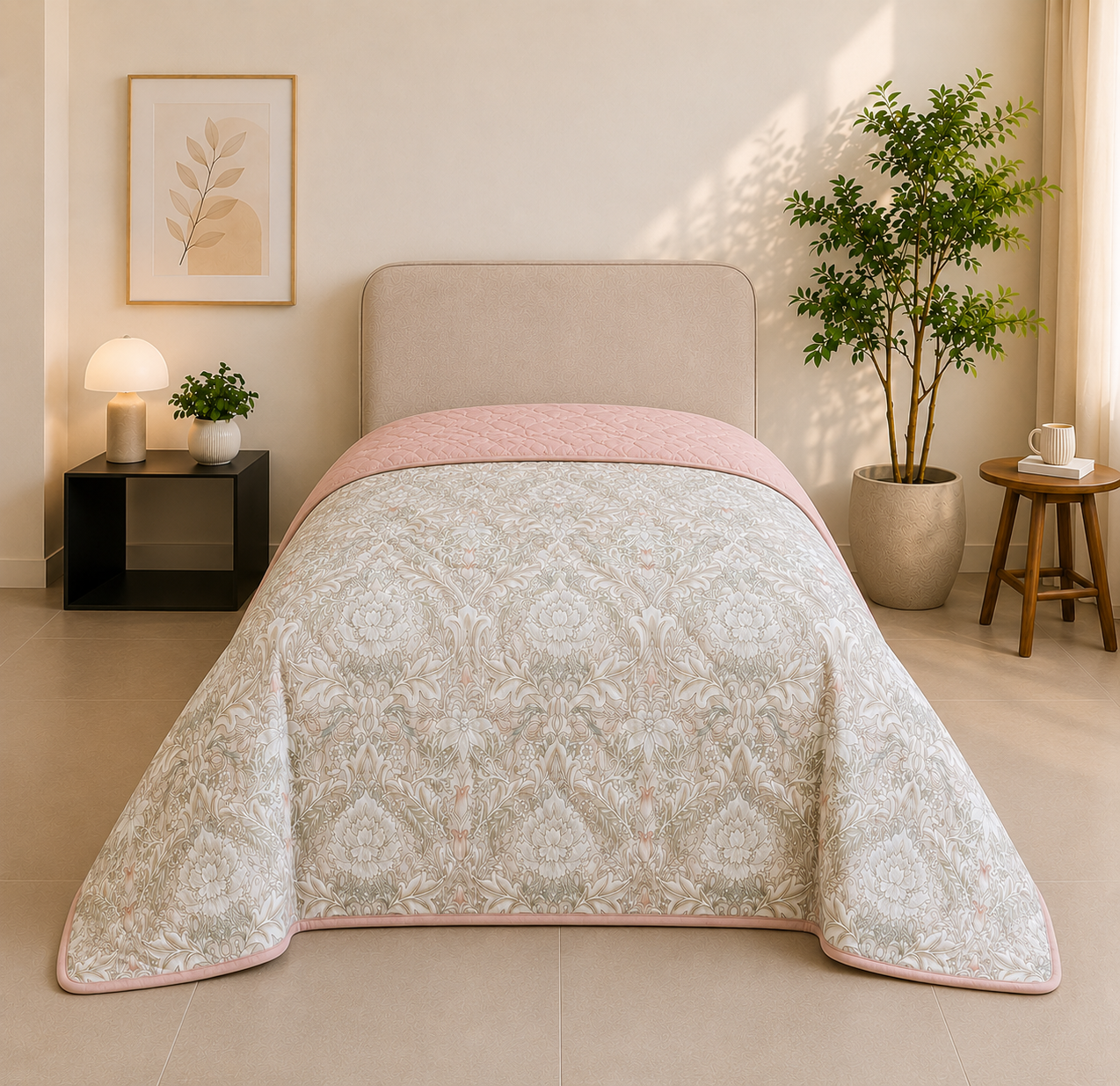 Percale Cotton Reversible AC Blanket Isla Damask Pink & Brushed Rose