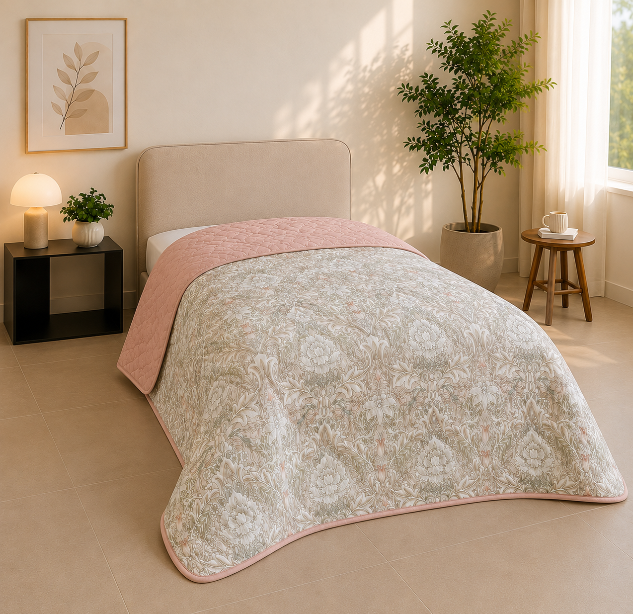 Percale Cotton Reversible AC Blanket Isla Damask Pink & Brushed Rose