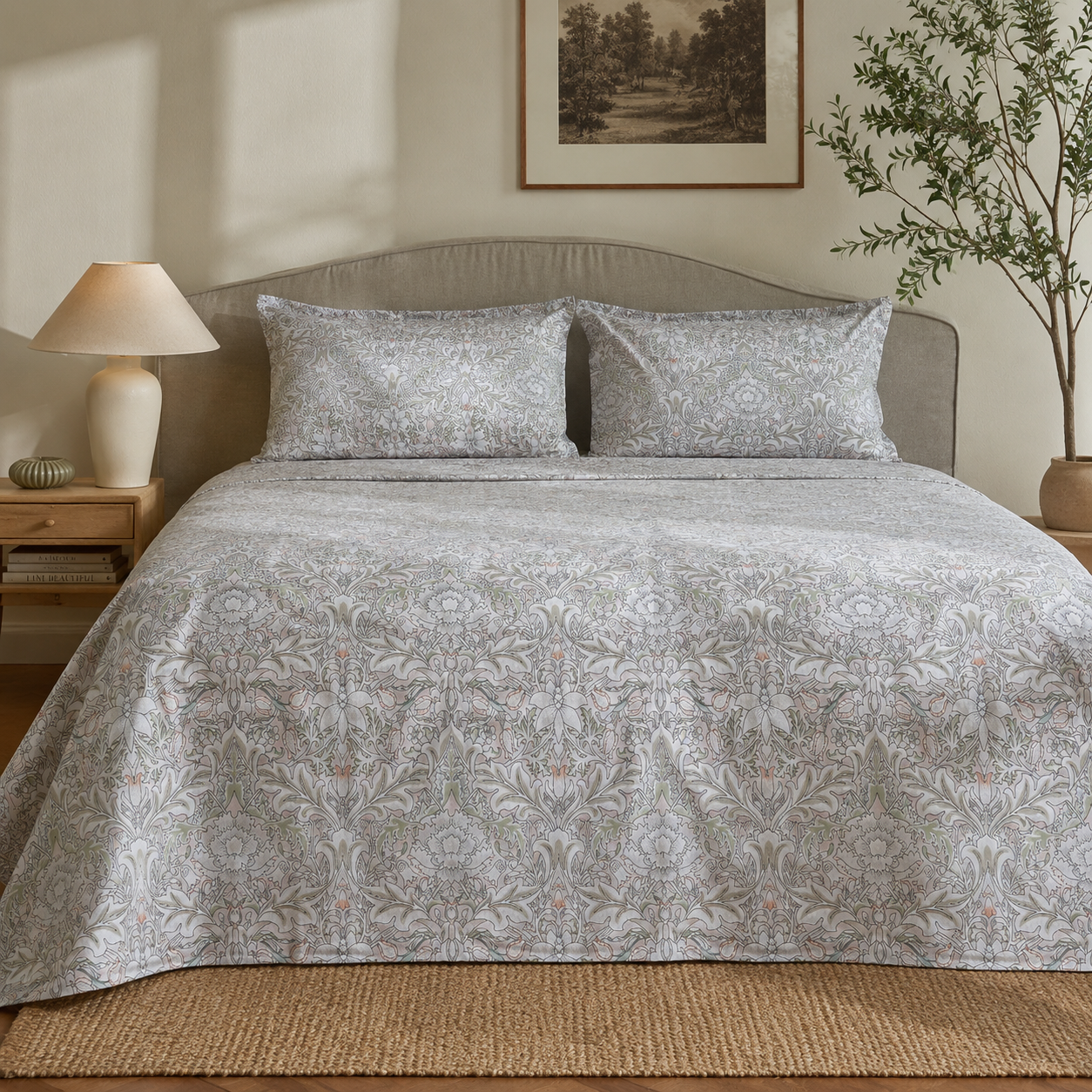 Percale Cotton Printed Bedsheet Set in Damask Pink