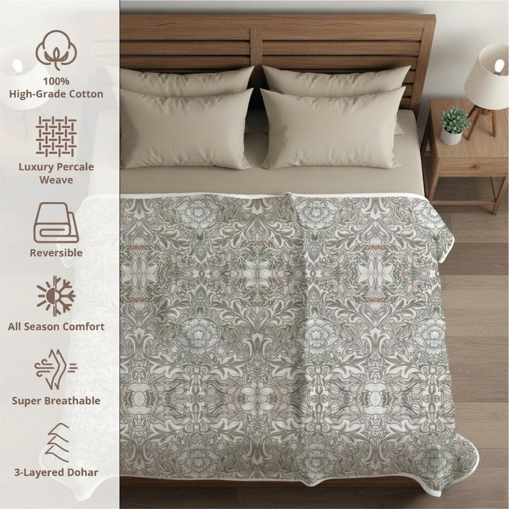 Percale Cotton Reversible Dohar Isla Damask Pink & White