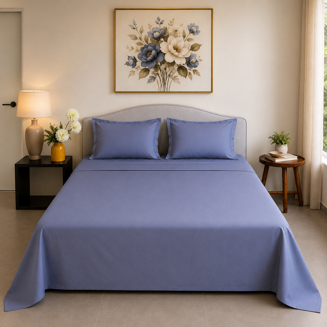 Percale Cotton Bedsheet Set in Dark Blue