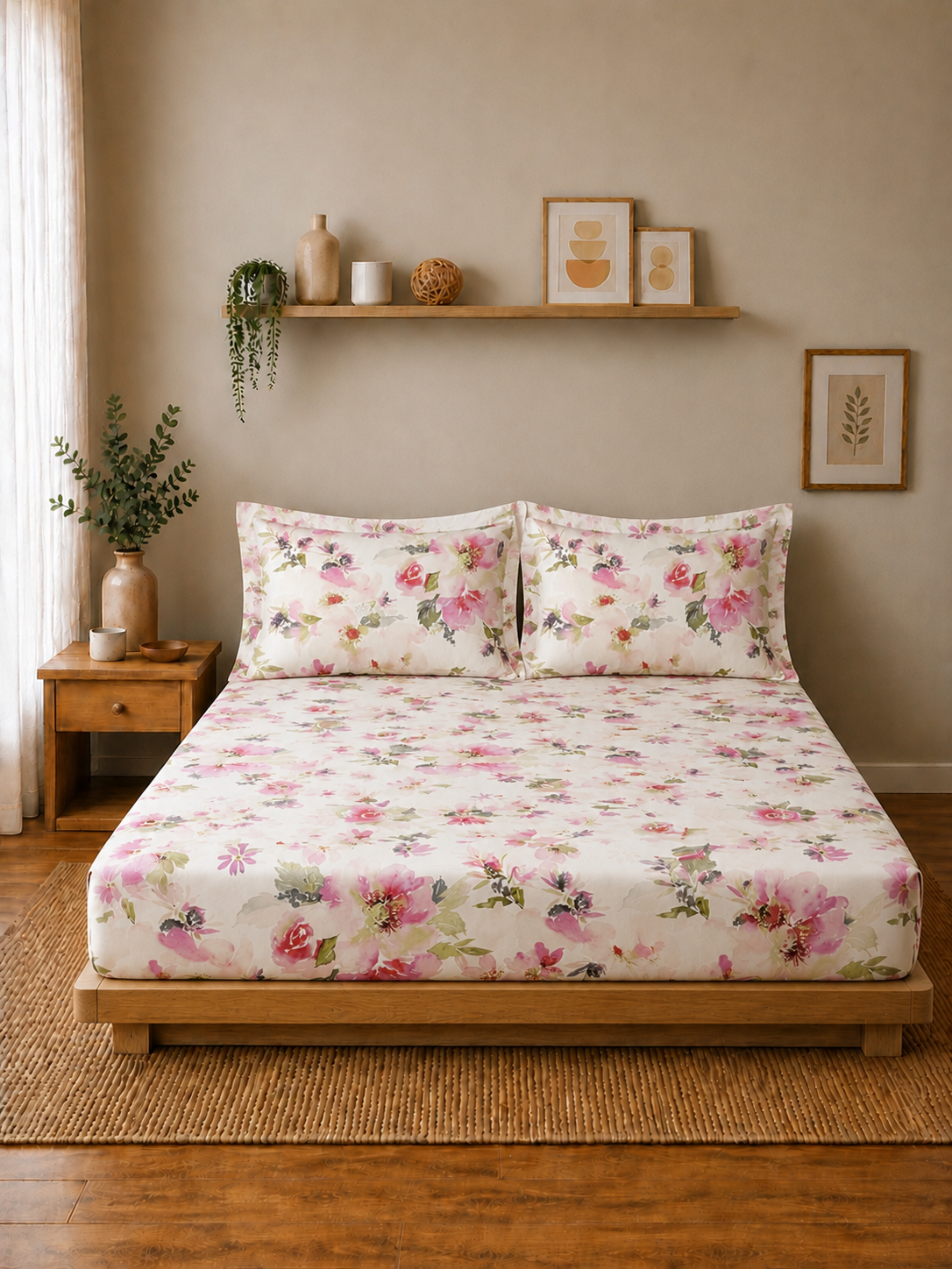 Percale Cotton Printed Fitted Sheet Set in Floral Pink