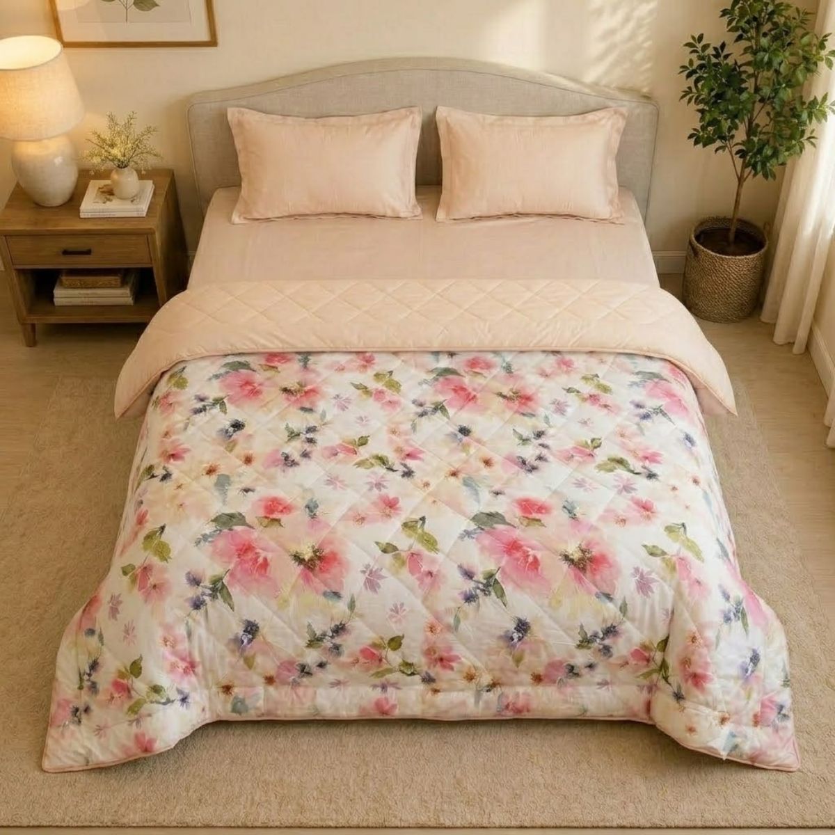 Percale Cotton Reversible AC Blanket Eden Floral Pink & Sand Shell