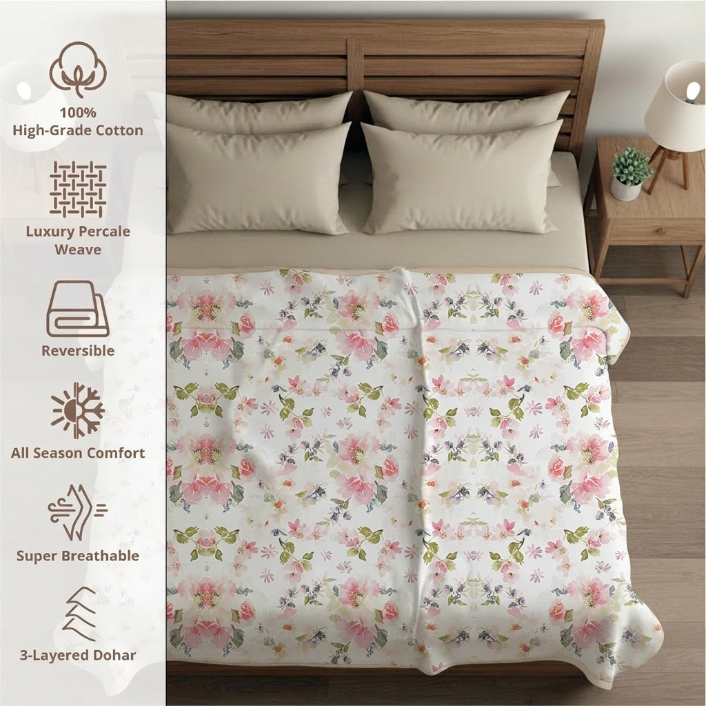 Percale Cotton Reversible Dohar Eden Floral Pink & Sand Shell