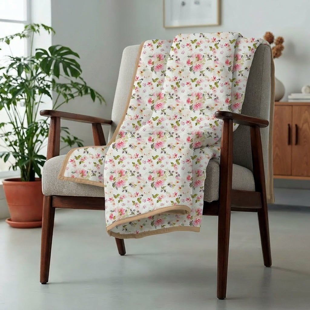 Percale Cotton Reversible Dohar Eden Floral Pink & Sand Shell