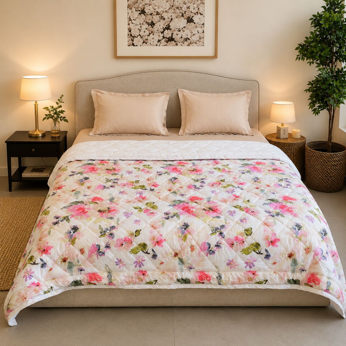 Percale Cotton Reversible AC Blanket Eden Floral Pink & White