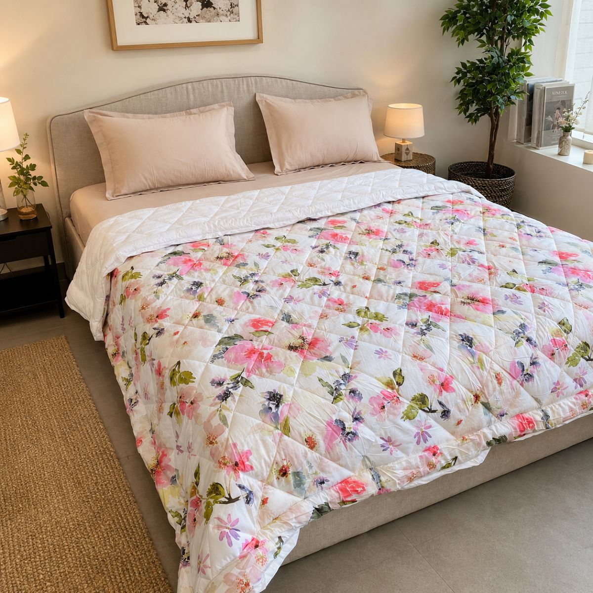 Percale Cotton Reversible AC Blanket Eden Floral Pink & White