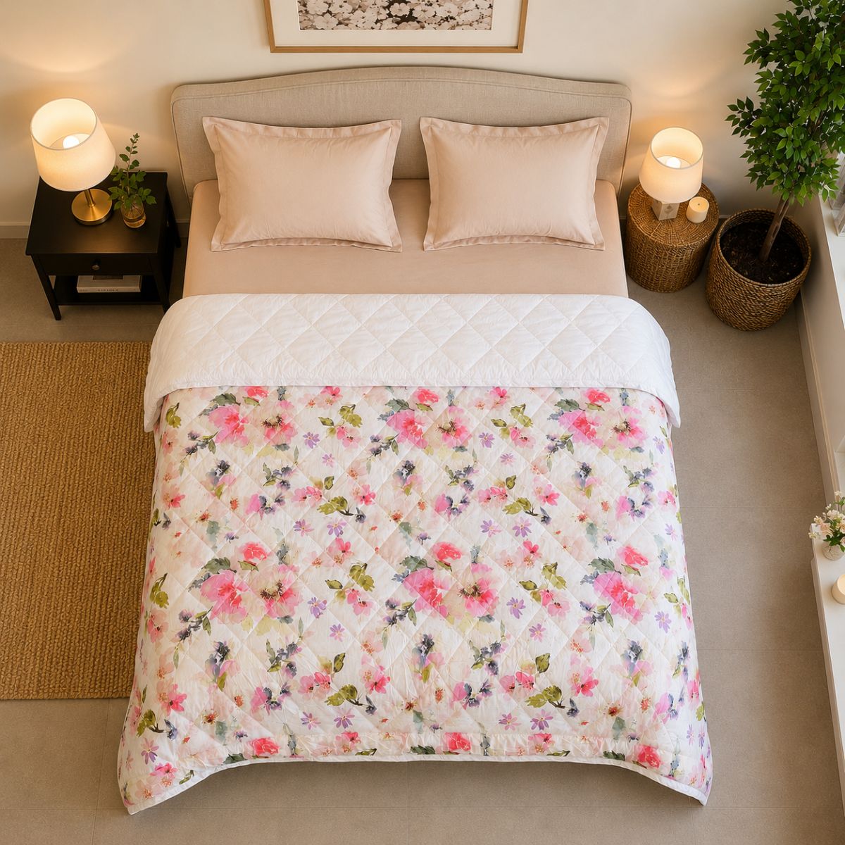 Percale Cotton Reversible AC Blanket Eden Floral Pink & White