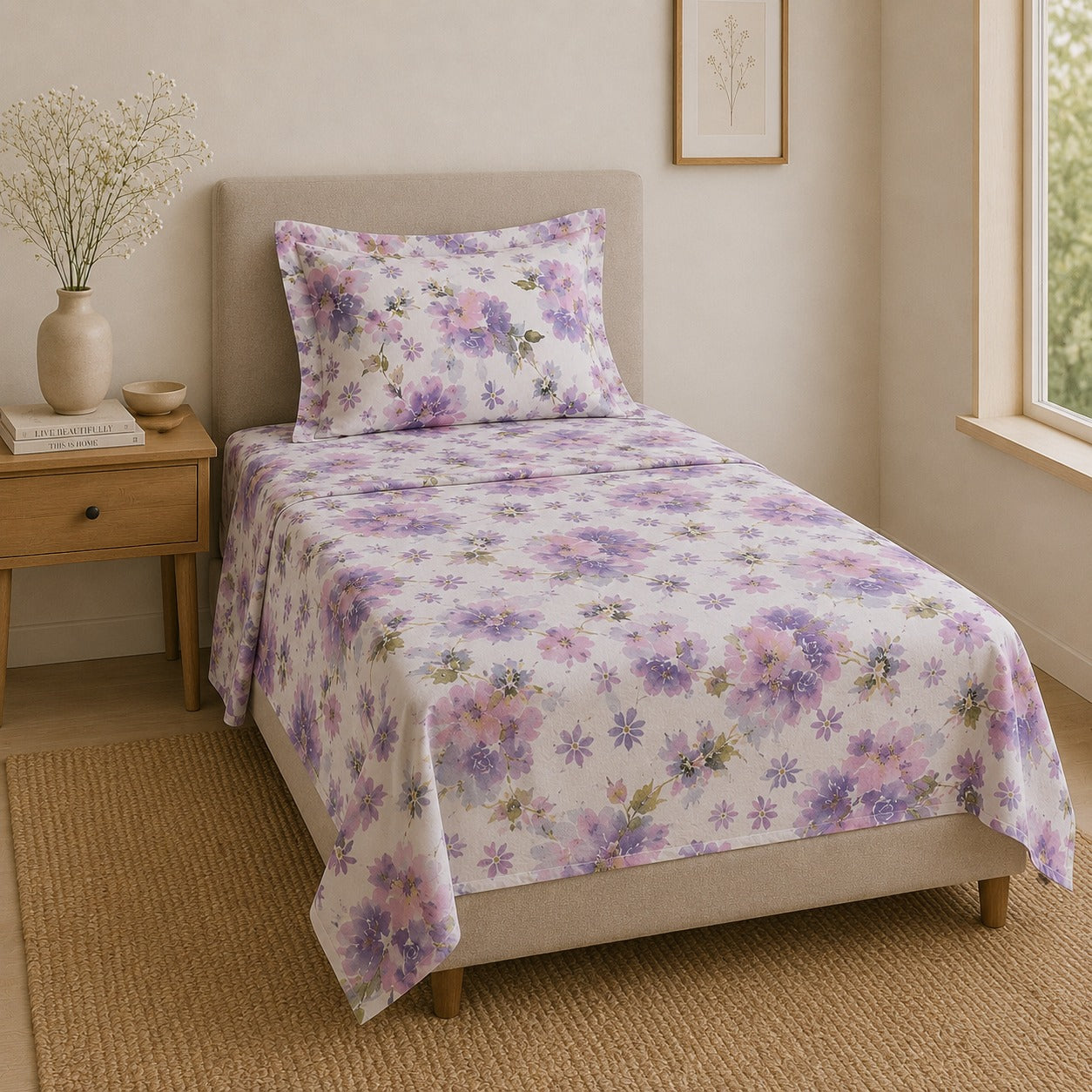 Percale Cotton Printed Bedsheet Set in Floral Purple