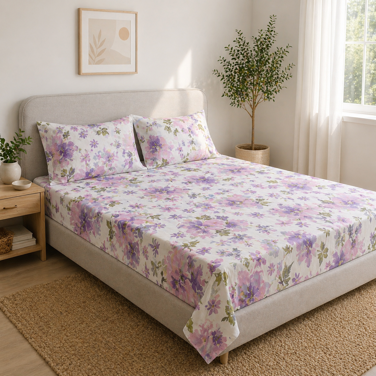Percale Cotton Printed Bedsheet Set in Floral Purple