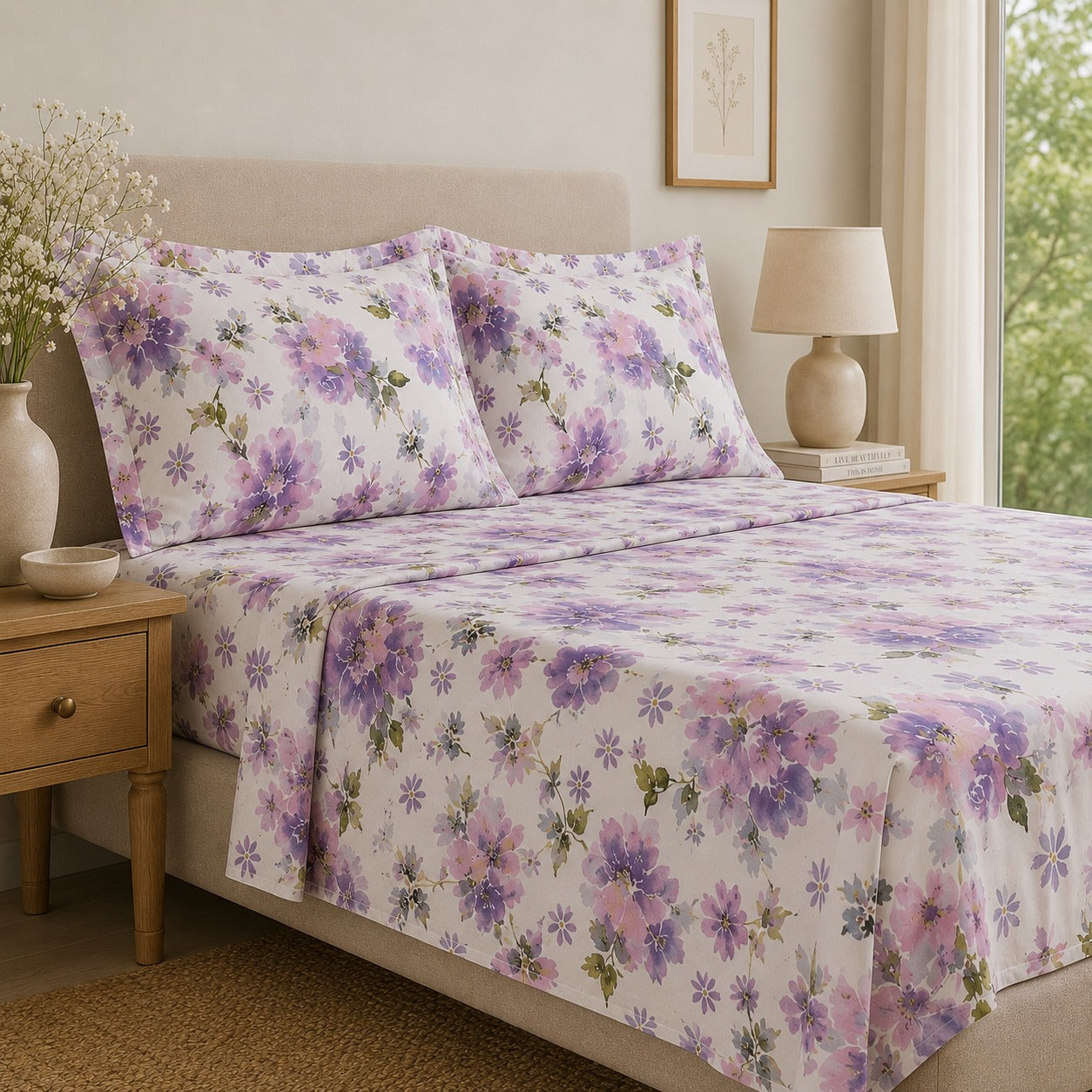 Percale Cotton Printed Bedsheet Set in Floral Purple