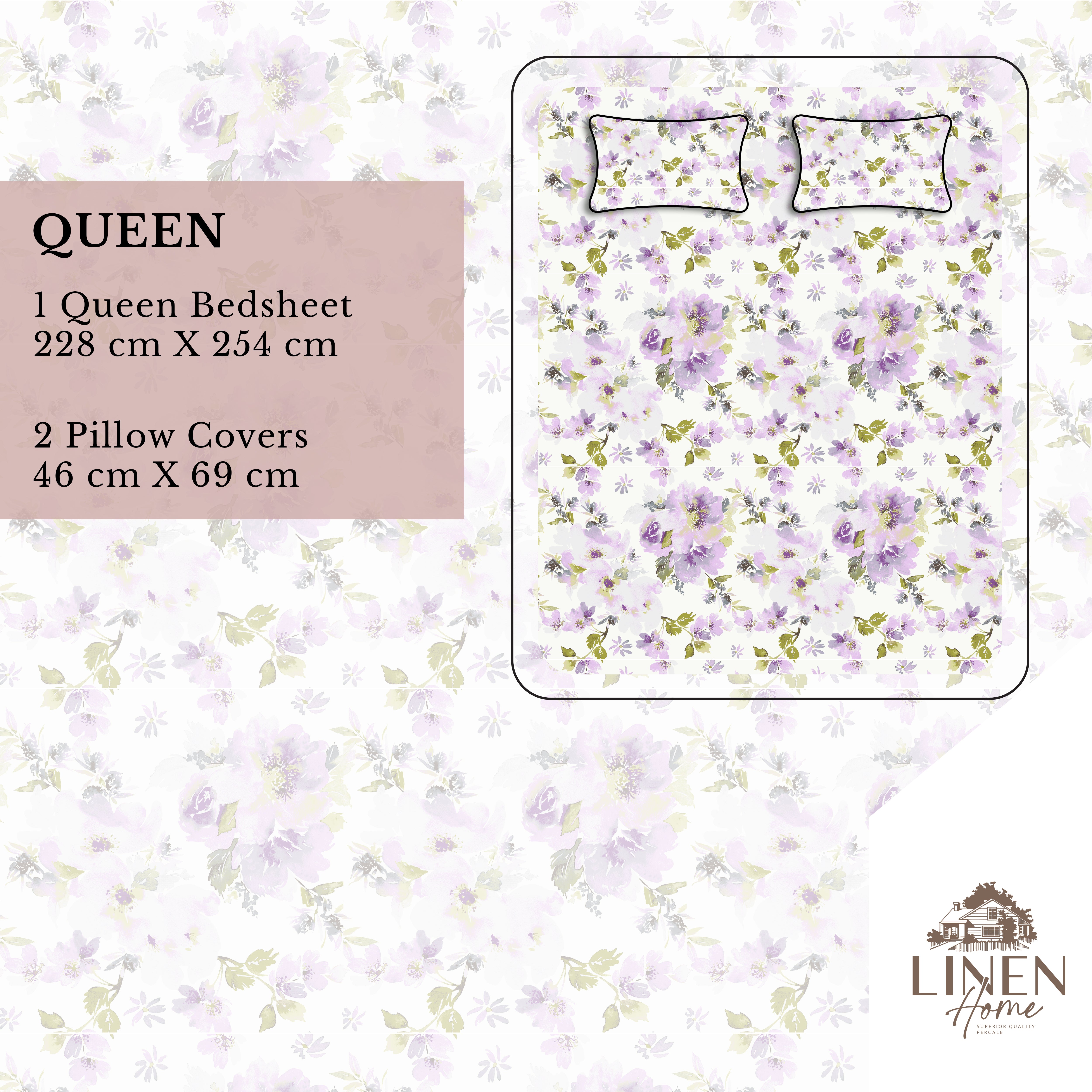 Percale Cotton Printed Bedsheet Set in Floral Purple