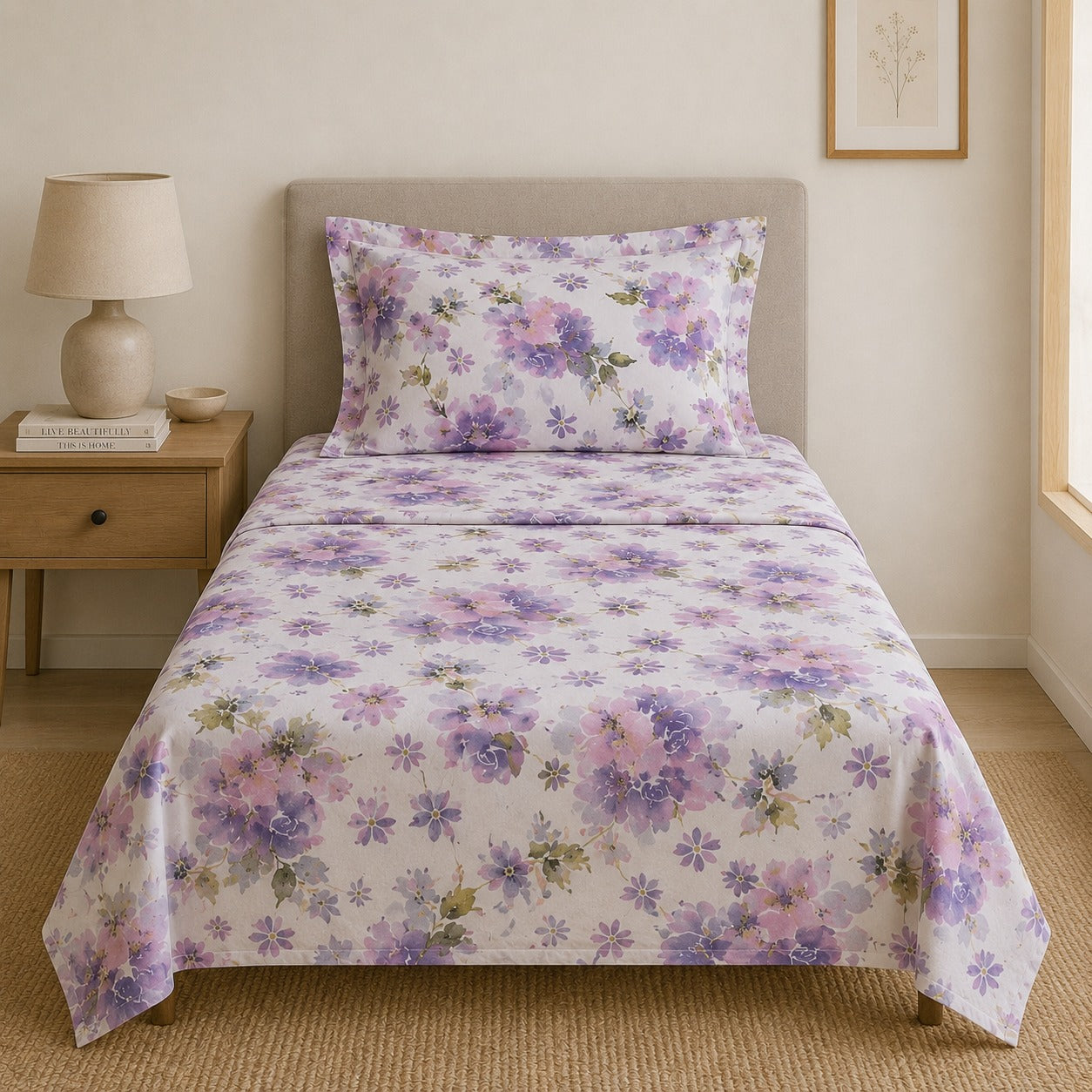 Percale Cotton Printed Bedsheet Set in Floral Purple