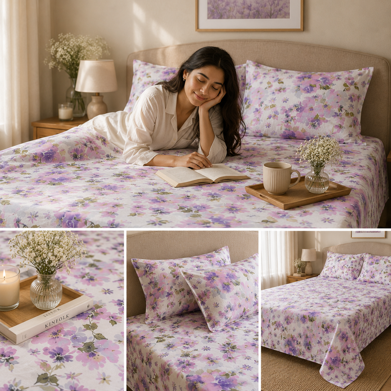 Percale Cotton Printed Bedsheet Set in Floral Purple