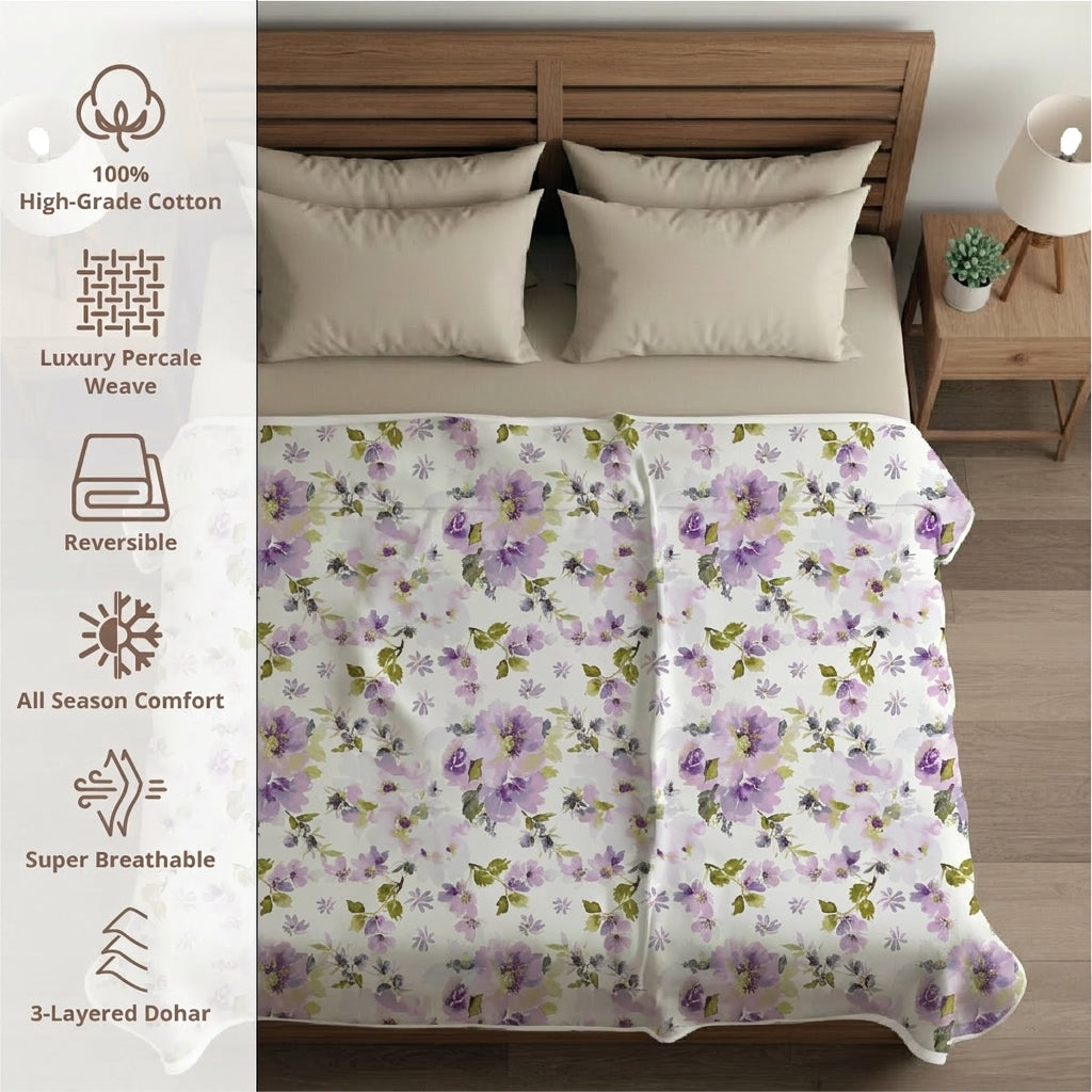 Percale Cotton Reversible Dohar Eden Floral Purple & White