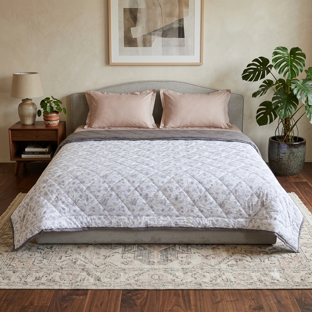Percale Cotton Reversible AC Blanket Floral Botanical Grey & Grey