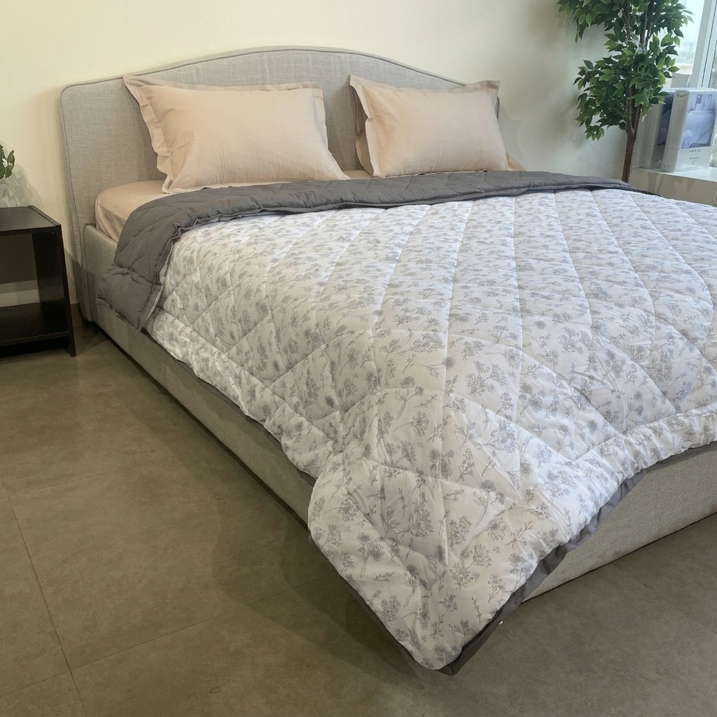 Percale Cotton Reversible AC Blanket Floral Botanical Grey & Grey