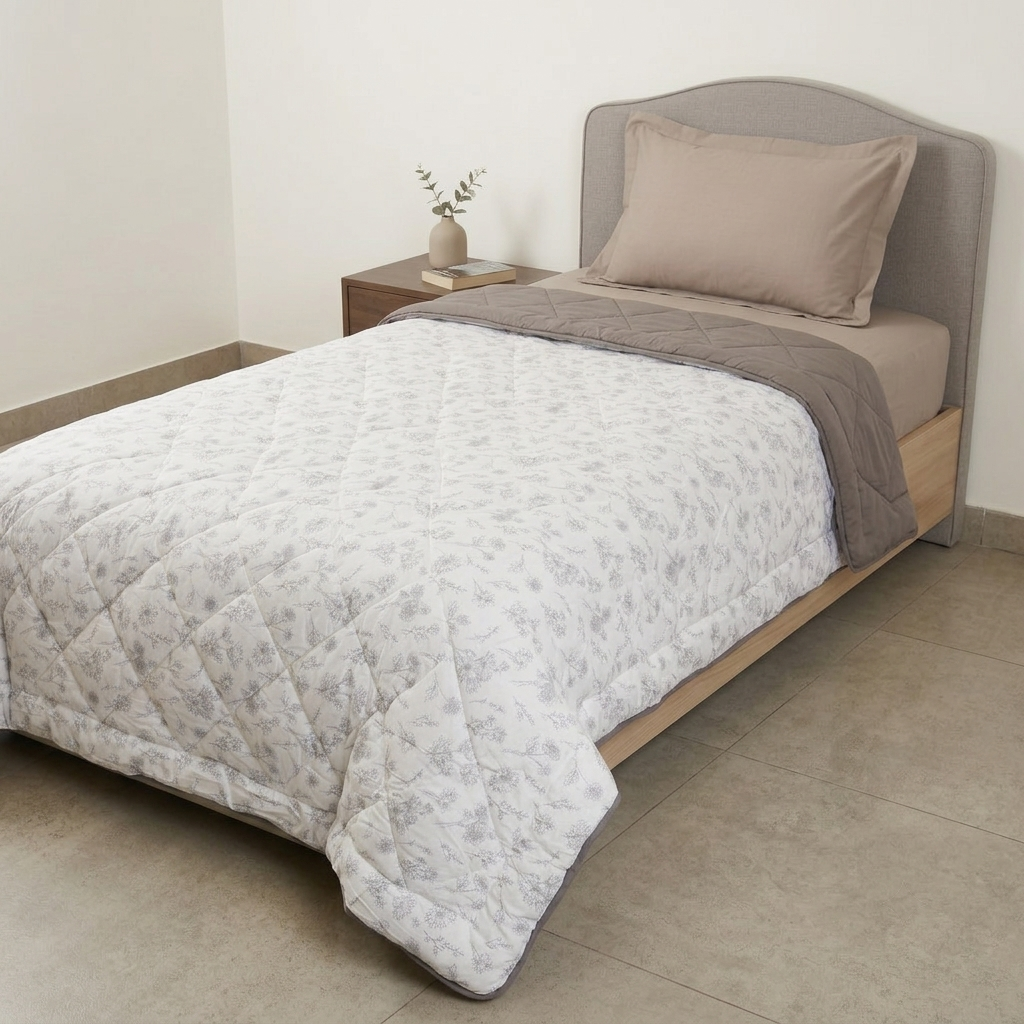 Percale Cotton Reversible AC Blanket Floral Botanical Grey & Grey