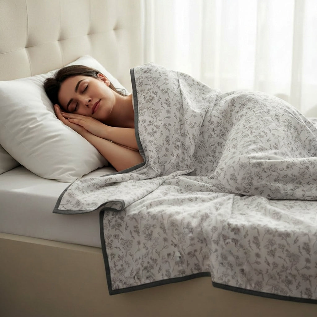 Percale Cotton Reversible Dohar Floral Botanical Grey & Grey